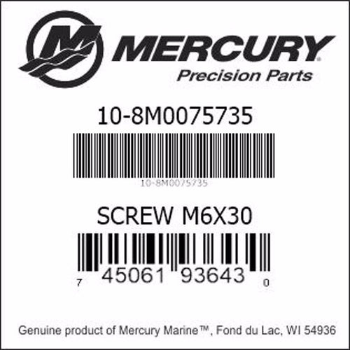 10-8M0075735, Mercury/Quicksilver, SCREW (M6 X 30) Hex Flg