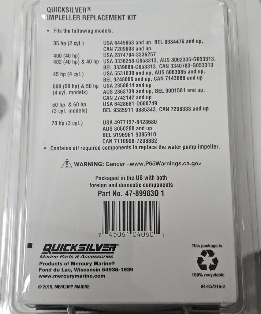 89983Q1, Mercury/Quicksilver Water Pump Repair Kit, 30-70hp outboards.